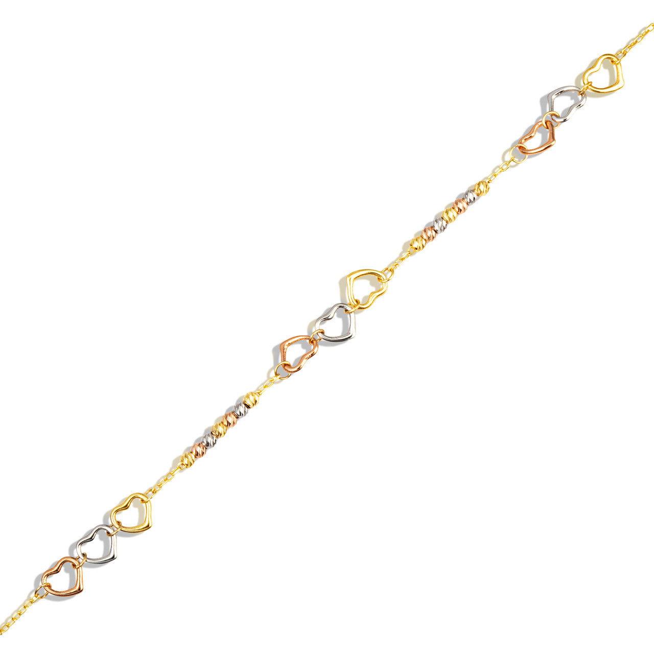 14K Tri-Color Gold Heart Bead Anklet
