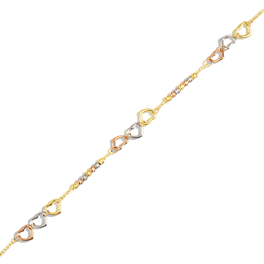 14K Tri-Color Gold Heart Bead Anklet