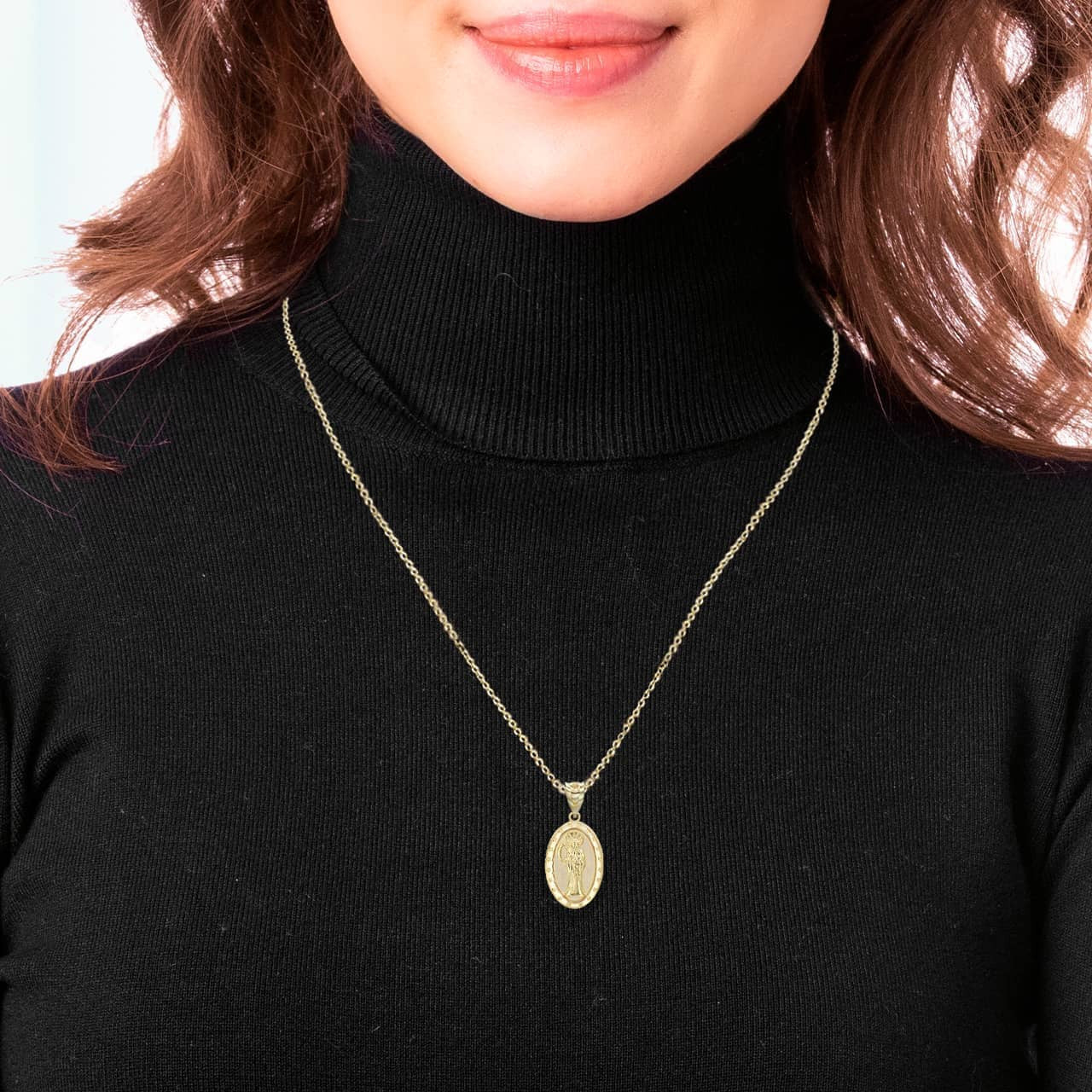 Gold Oval Santa Muerte Pendant Necklace (Available in Yellow/Rose/White Gold)