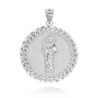 .925 Sterling Silver Cuban Framed Saint Jude Pendant Necklace