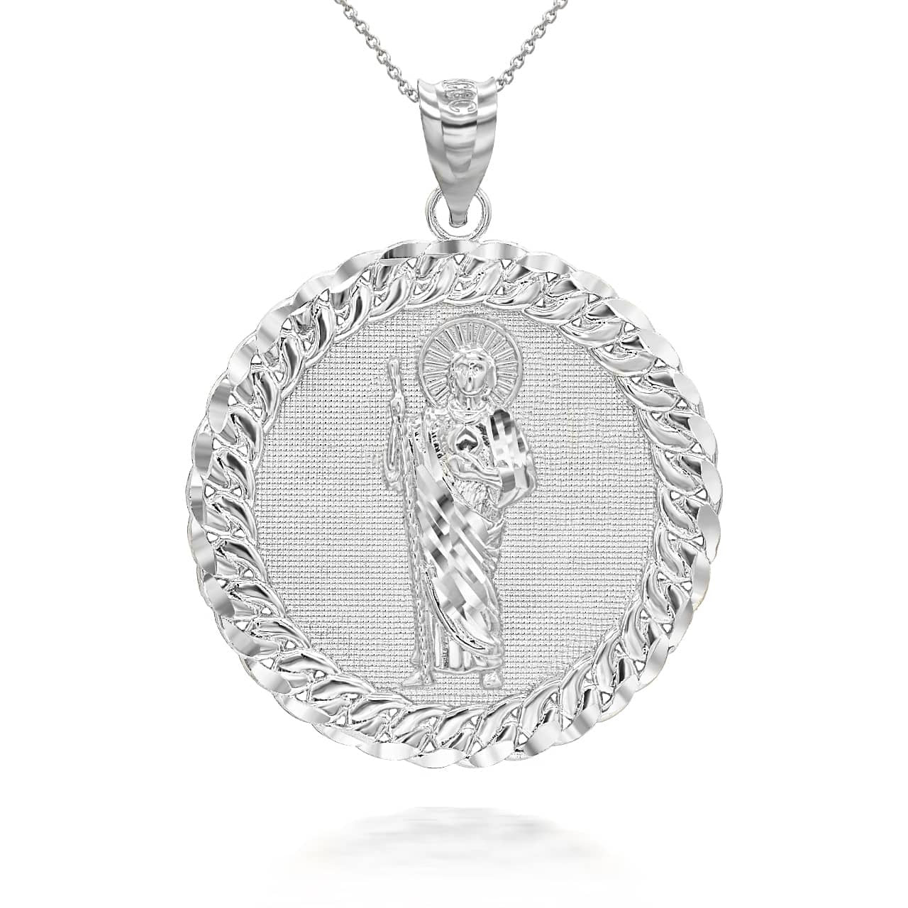 .925 Sterling Silver Cuban Framed Saint Jude Pendant Necklace
