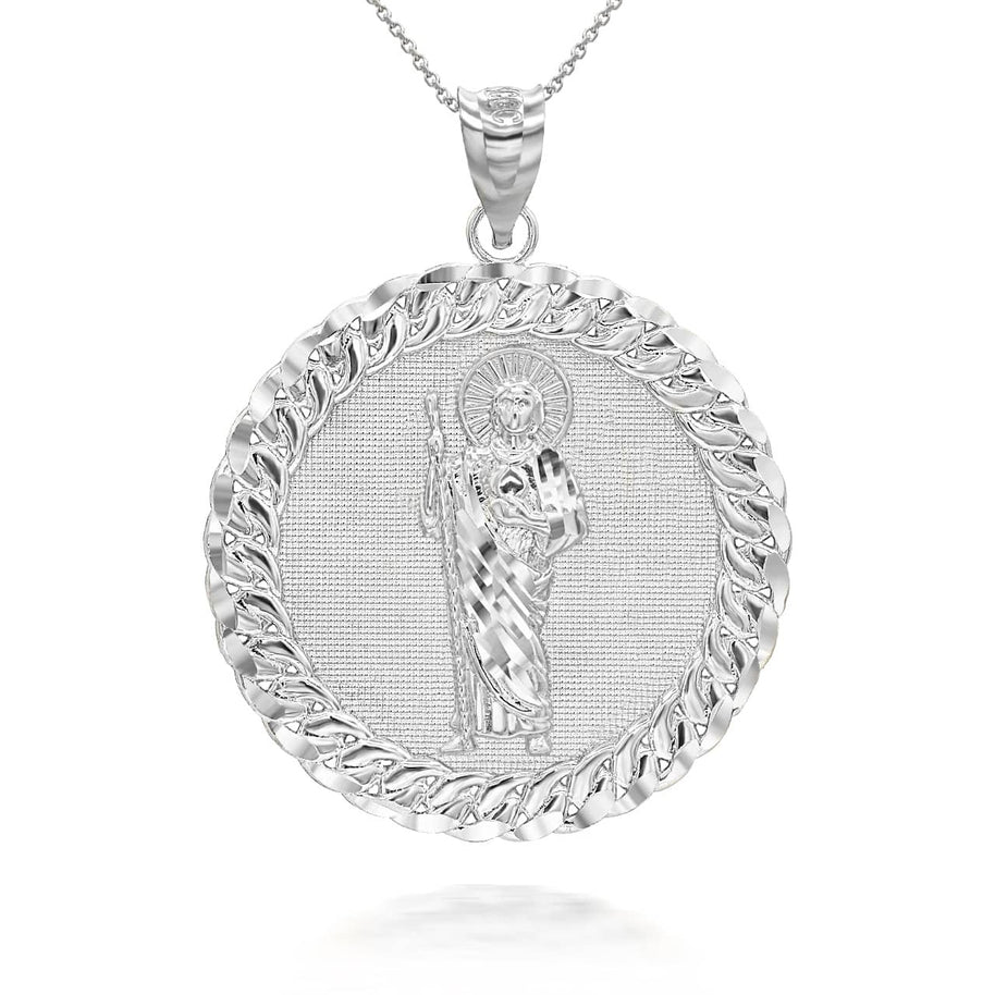 .925 Sterling Silver Cuban Framed Saint Jude Pendant Necklace