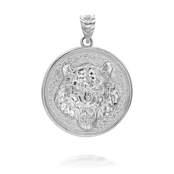 Silver Roaring Tiger Medallion Pendant Necklace
