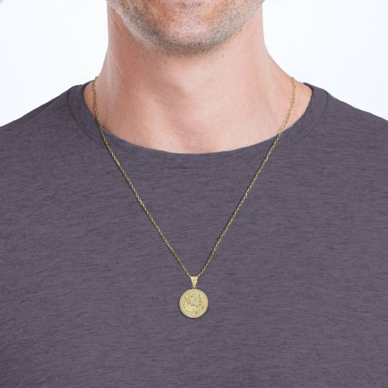 Gold Roaring Tiger Medallion Pendant Necklace (Available in Yellow/Rose/White Gold)
