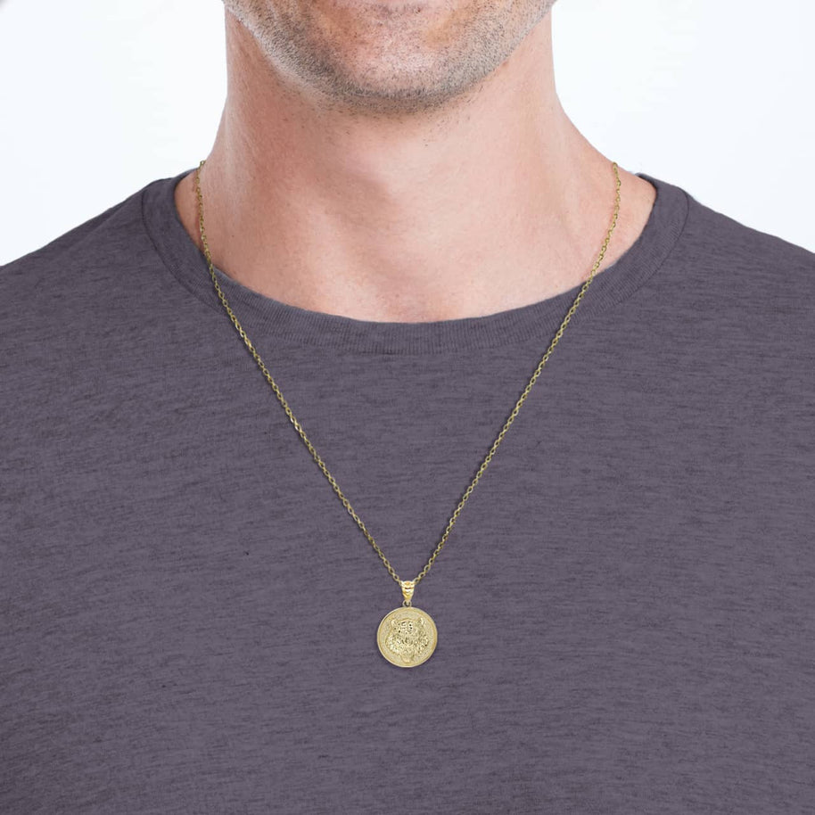 Gold Roaring Tiger Medallion Pendant Necklace (Available in Yellow/Rose/White Gold)