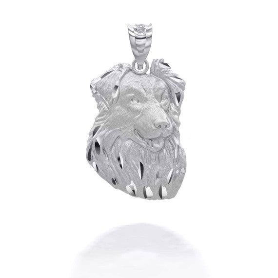 .925 Sterling Silver Diamond Cut Border Collie Pet Dog Pendant Necklace