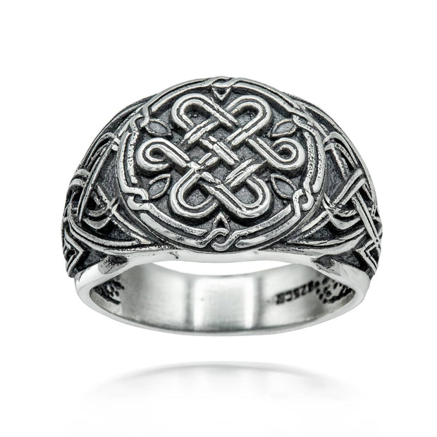 .925 Sterling Silver Oxidized Irish Celtic Trinity Heart Love Knot Signet Ring