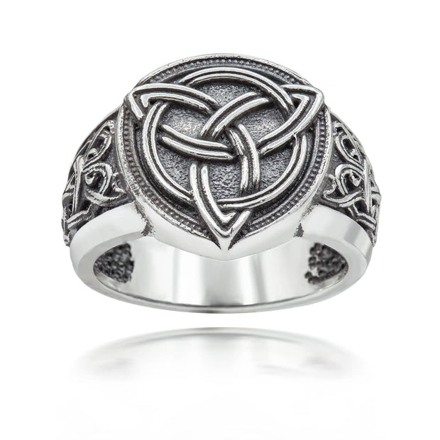 .925 Sterling Silver Oxidized Irish Celtic Trinity Knot Triquetra Signet Ring