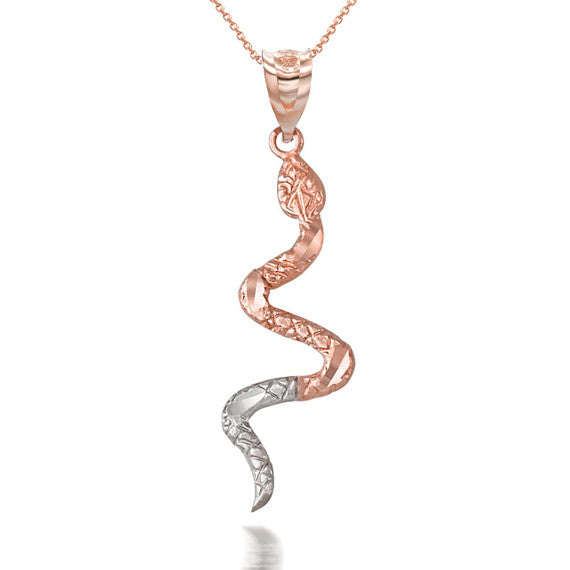 Solid Gold Serpent Snake Animal Charm Pendant Necklace (Available in Tri Tone/Two Tone Rose/White Gold)