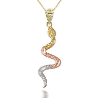 Solid Gold Serpent Snake Animal Charm Pendant Necklace (Available in Tri Tone/Two Tone Rose/White Gold)