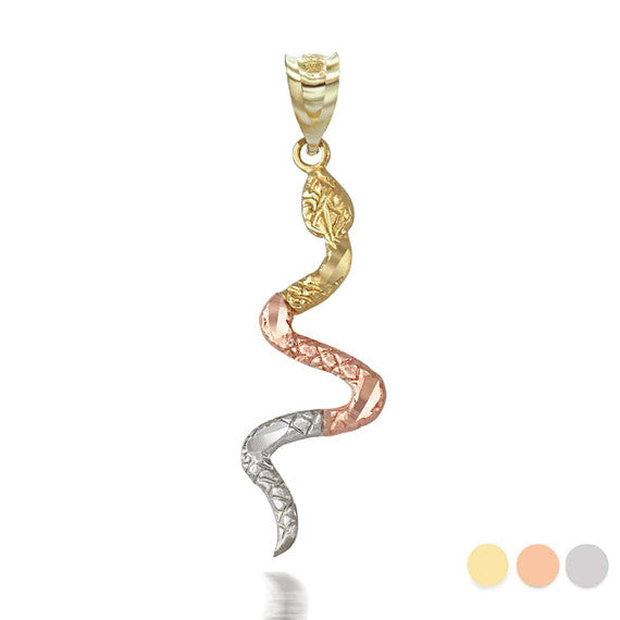 Solid Gold Serpent Snake Animal Charm Pendant Necklace (Available in Tri Tone/Two Tone Rose/White Gold)