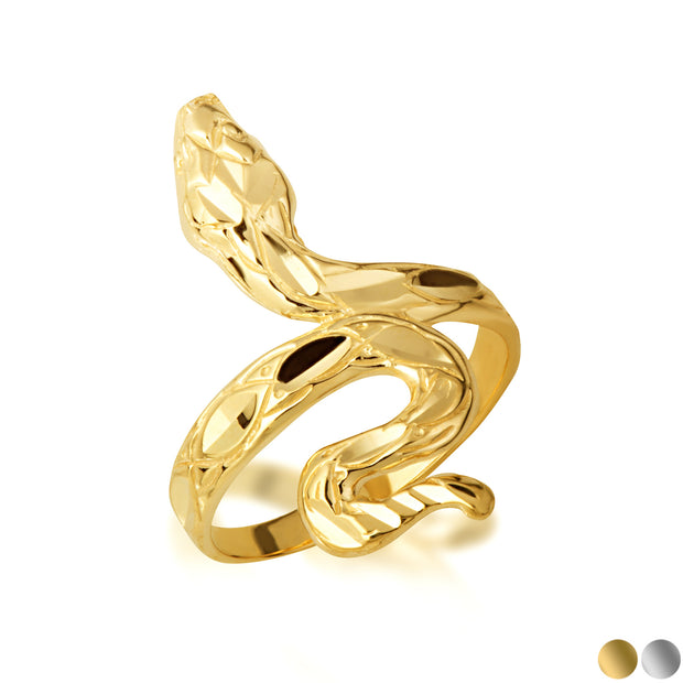 Gold Diamond Cut Serpent Snake Textured Ring (Available in Yellow/White Gold)