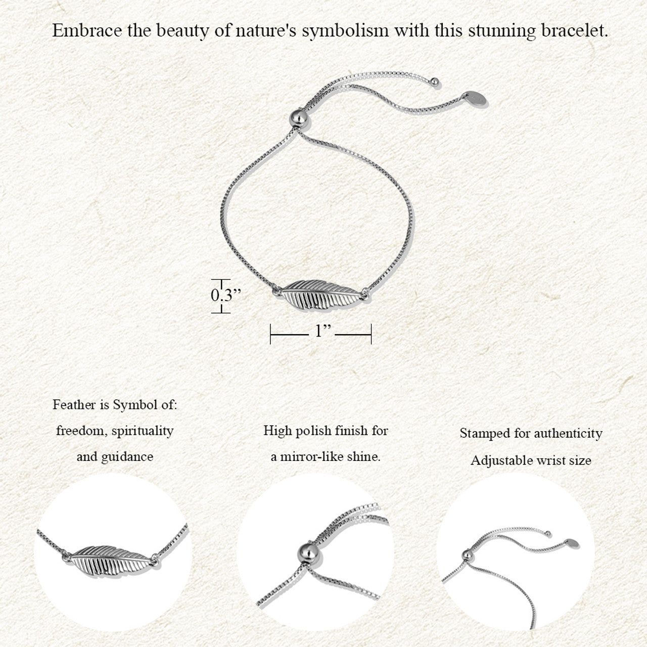 .925 Sterling Silver Adjustable Feather Leaf Beaded Lariat Bracelet