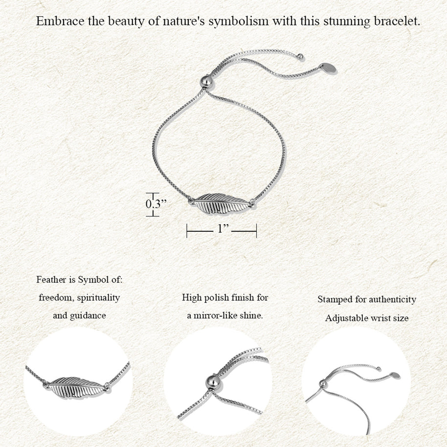 .925 Sterling Silver Adjustable Feather Leaf Beaded Lariat Bracelet