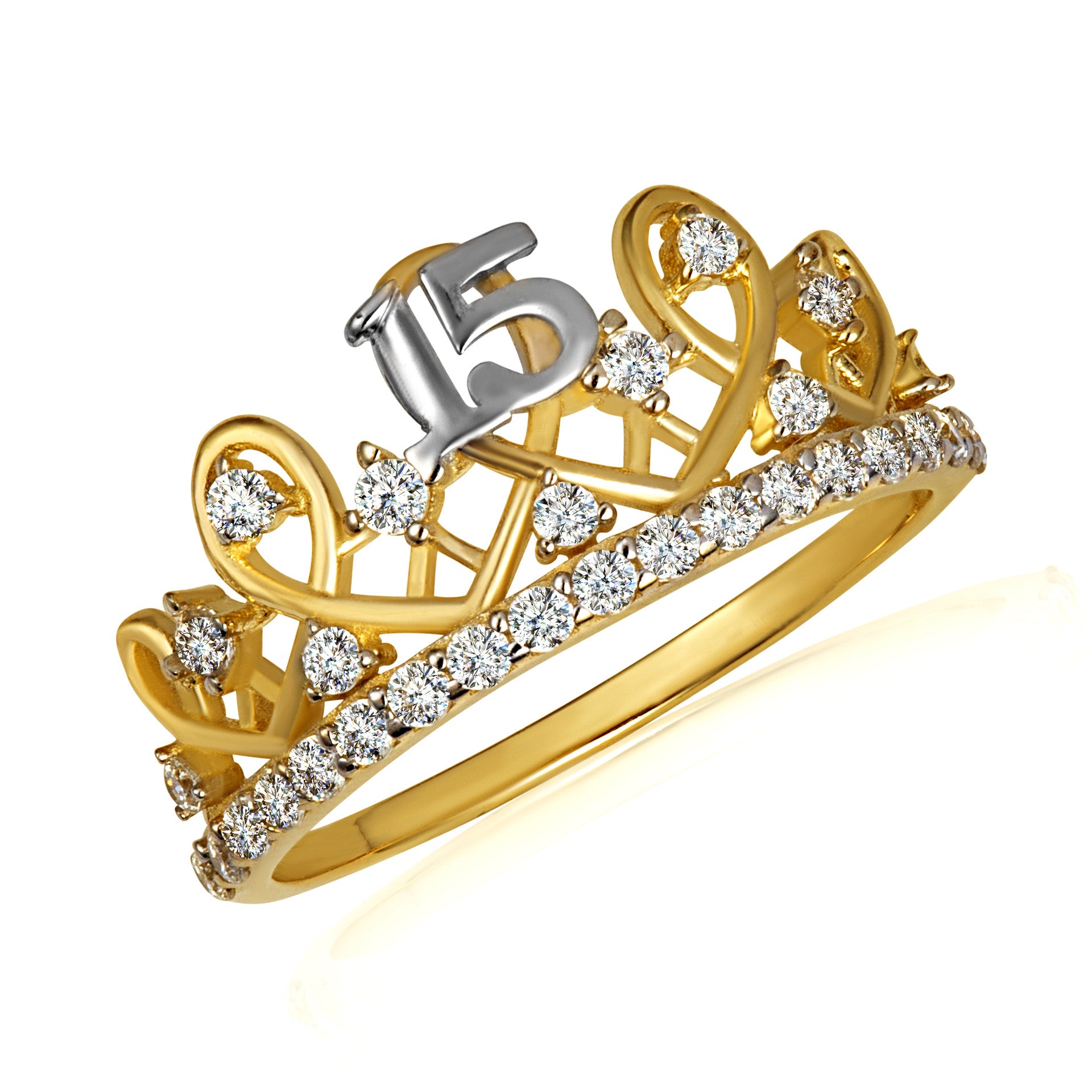 Two-Tone Gold Cubic Zirconia 15 Años Quinceañera Wavy Crown Ring