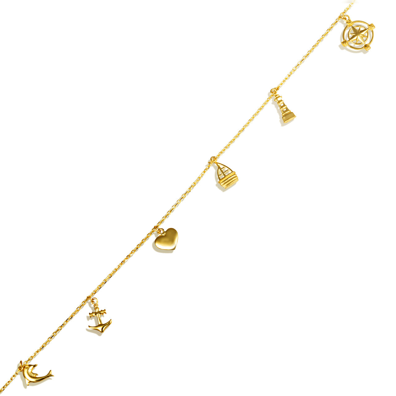 14K Yellow Gold Nautical Anchor Ocean Dolphin Charm Bracelet 7