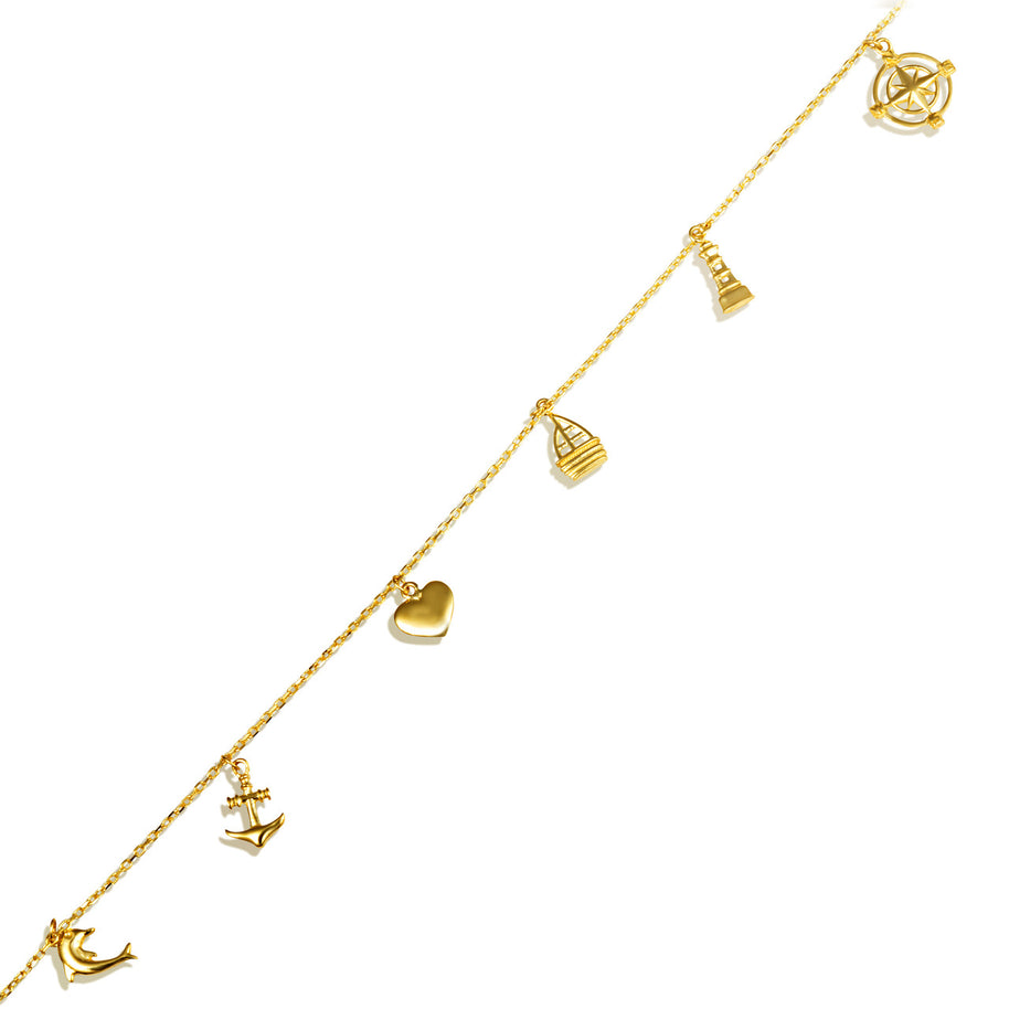 14K Yellow Gold Nautical Anchor Ocean Dolphin Charm Bracelet 7