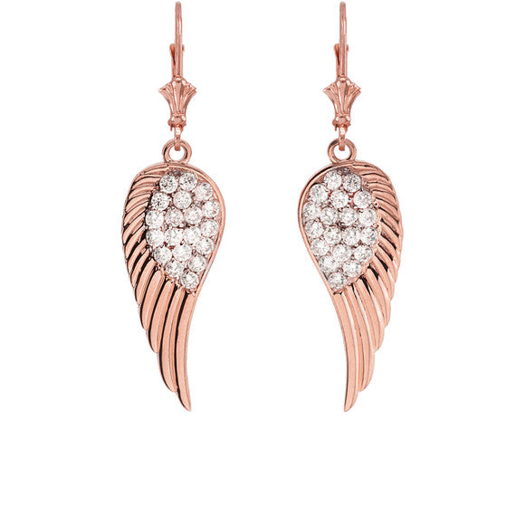 Gold Cubic Zirconia Angel Wings Leverback Earrings (Available in Yellow/Rose/White Gold)