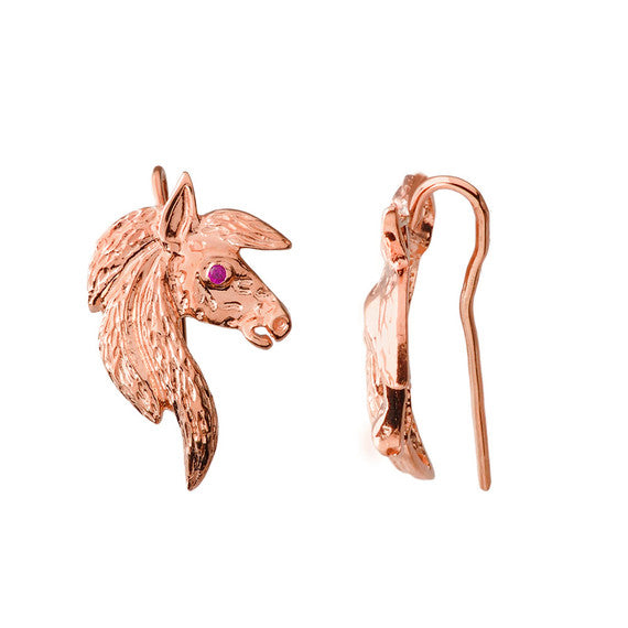 Exquisite Ruby Eyed Horse Earrings in Rose Gold
