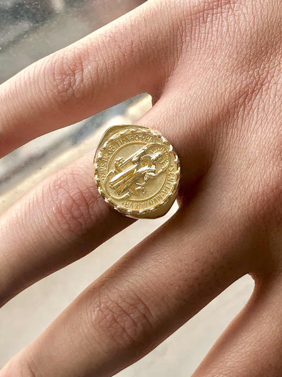 Gold Men's Saint Benedict Ring (Available in Two-Tone/Yellow/Rose/White Gold)