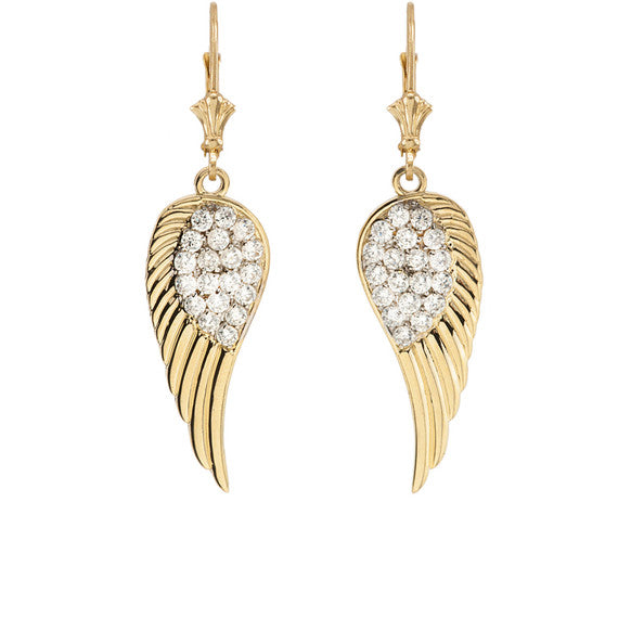 Gold Cubic Zirconia Angel Wings Leverback Earrings (Available in Yellow/Rose/White Gold)