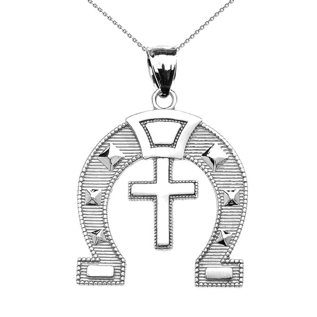 .925 Sterling Silver Striped Horseshoe Cross Milgrain Pendant Necklace