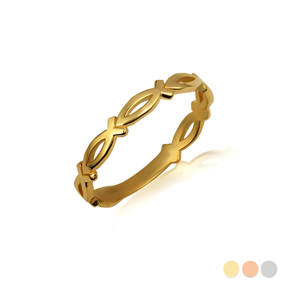 Gold Christian Ichthys Jesus Fish Band Ring (Available in Yellow/Rose/White Gold)