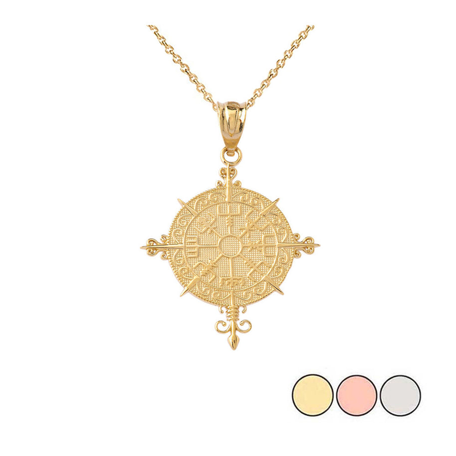 Solid Gold Ancient Viking Compass Pendant Necklace (Available in Yellow/Rose/White Gold)