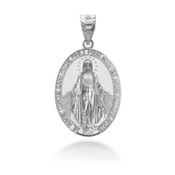 Silver Virgin Saint Mary Prayer Oval Coin Medallion Pendant Necklace