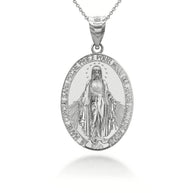 Silver Virgin Saint Mary Prayer Oval Coin Medallion Pendant Necklace