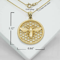 Solid Gold Beaded Queen Bee Hive Honey Comb Pendant Necklace (Available in Yellow/Rose/White)