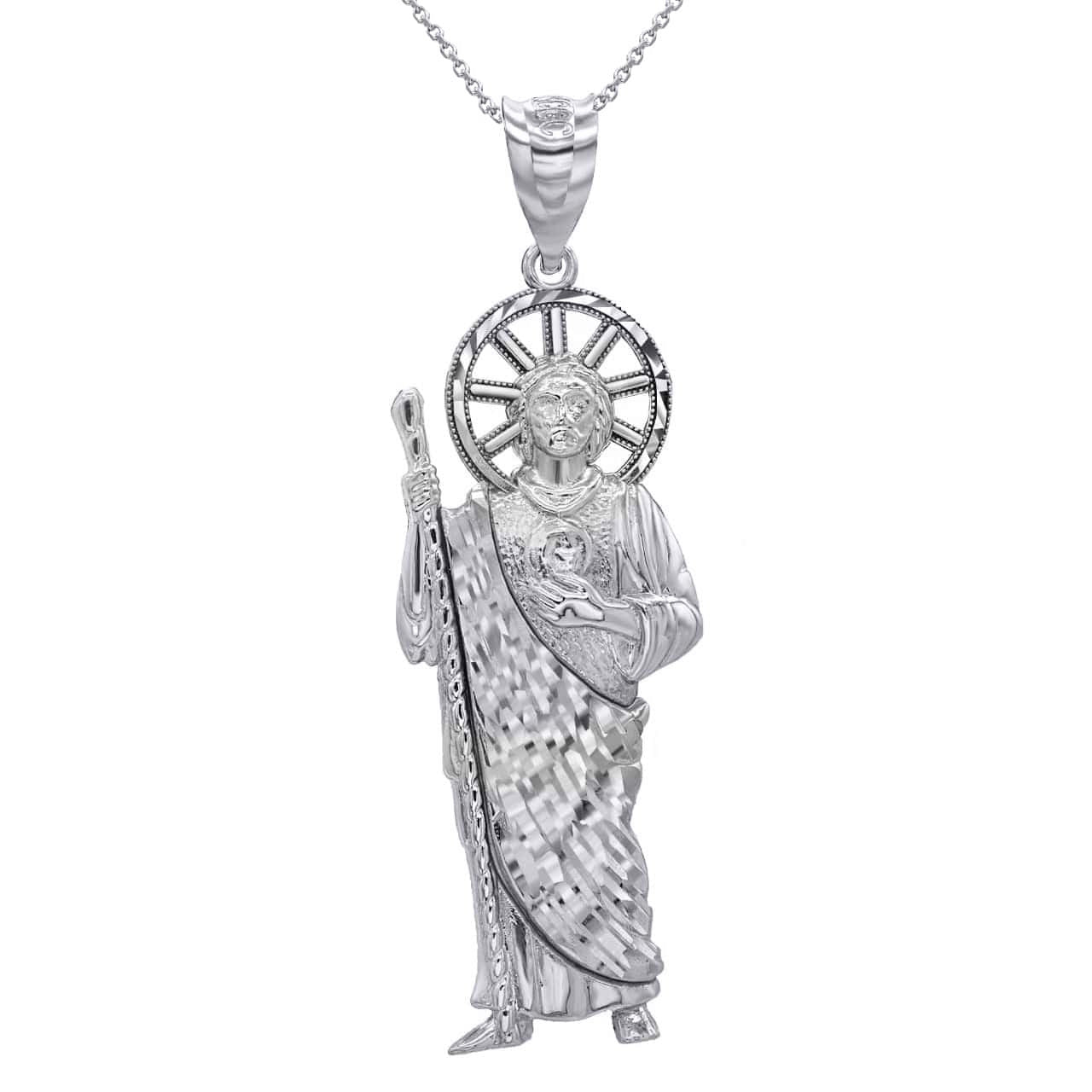 .925 Sterling Silver Diamond Cut Patron Saint Jude Milgrain Pendant Necklace (Available in Mini/Small/Medium/Large)