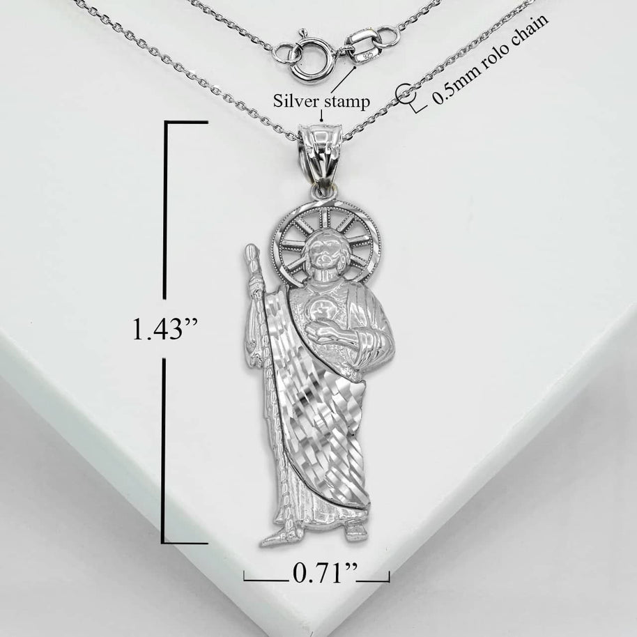 .925 Sterling Silver Diamond Cut Patron Saint Jude Milgrain Pendant Necklace (Available in Mini/Small/Medium/Large)