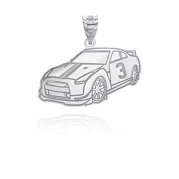 Silver Personalized Race Car Reversible Pendant Necklace