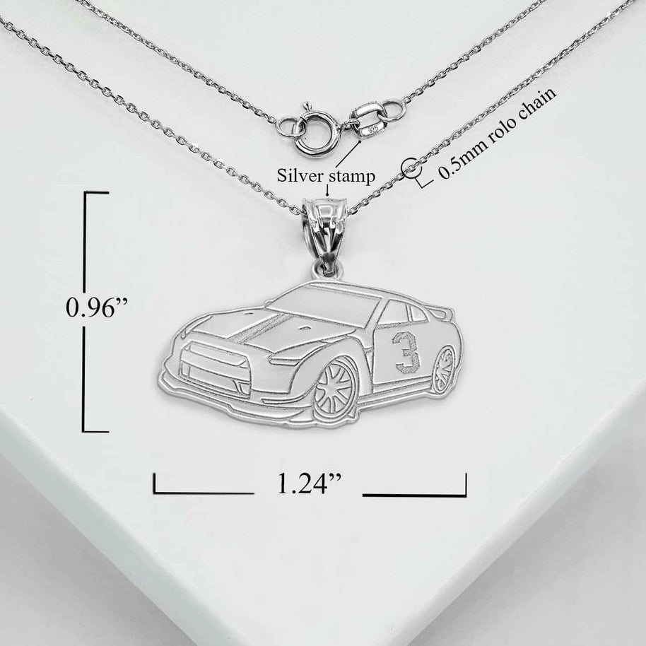 Silver Personalized Race Car Reversible Pendant Necklace