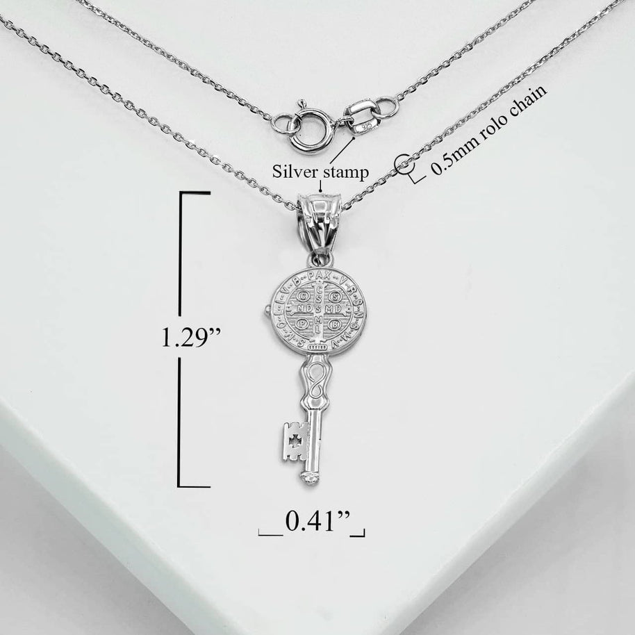 .925 Sterling Silver Patron Saint Benedict Medal Key Pendant Necklace