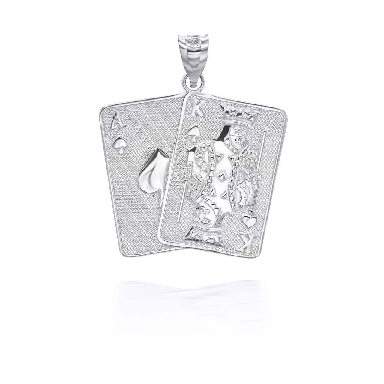 Silver Hammered Ace and King of Spades Blackjack Poker Playing Cards Pendant Necklace
