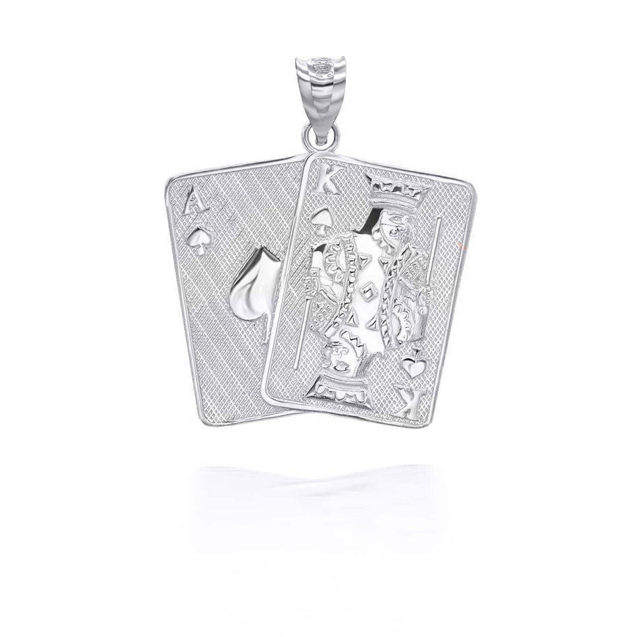 Silver Hammered Ace and King of Spades Blackjack Poker Playing Cards Pendant Necklace