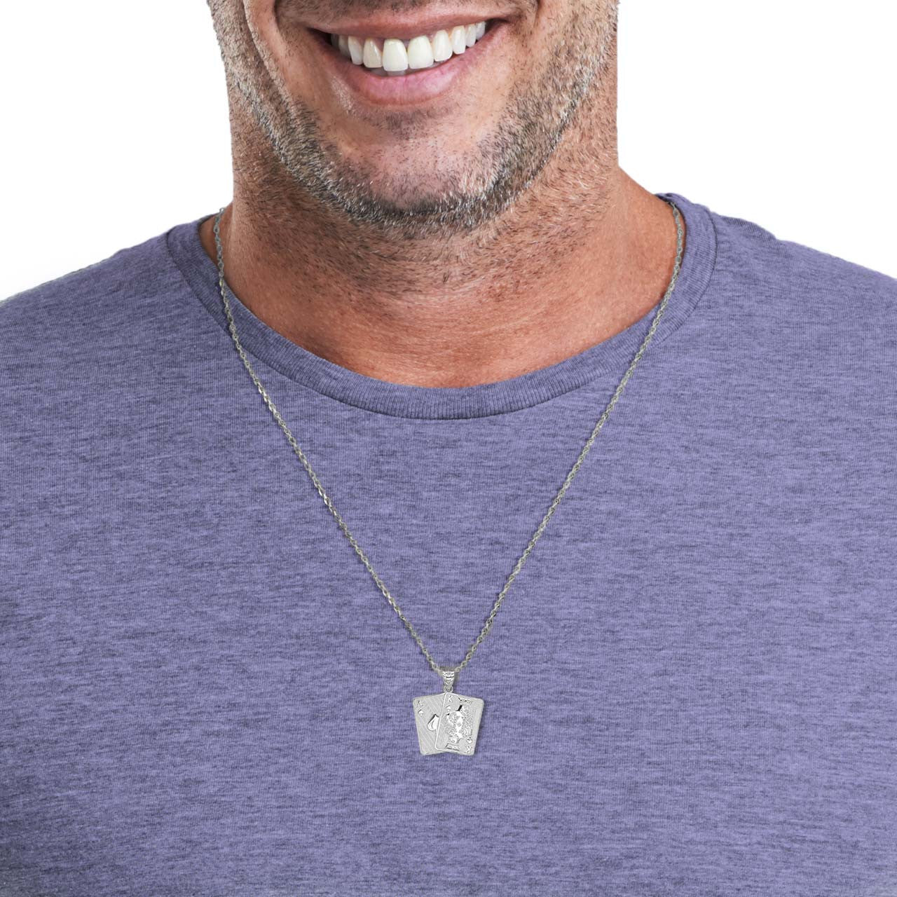 Silver Hammered Ace and King of Spades Blackjack Poker Playing Cards Pendant Necklace