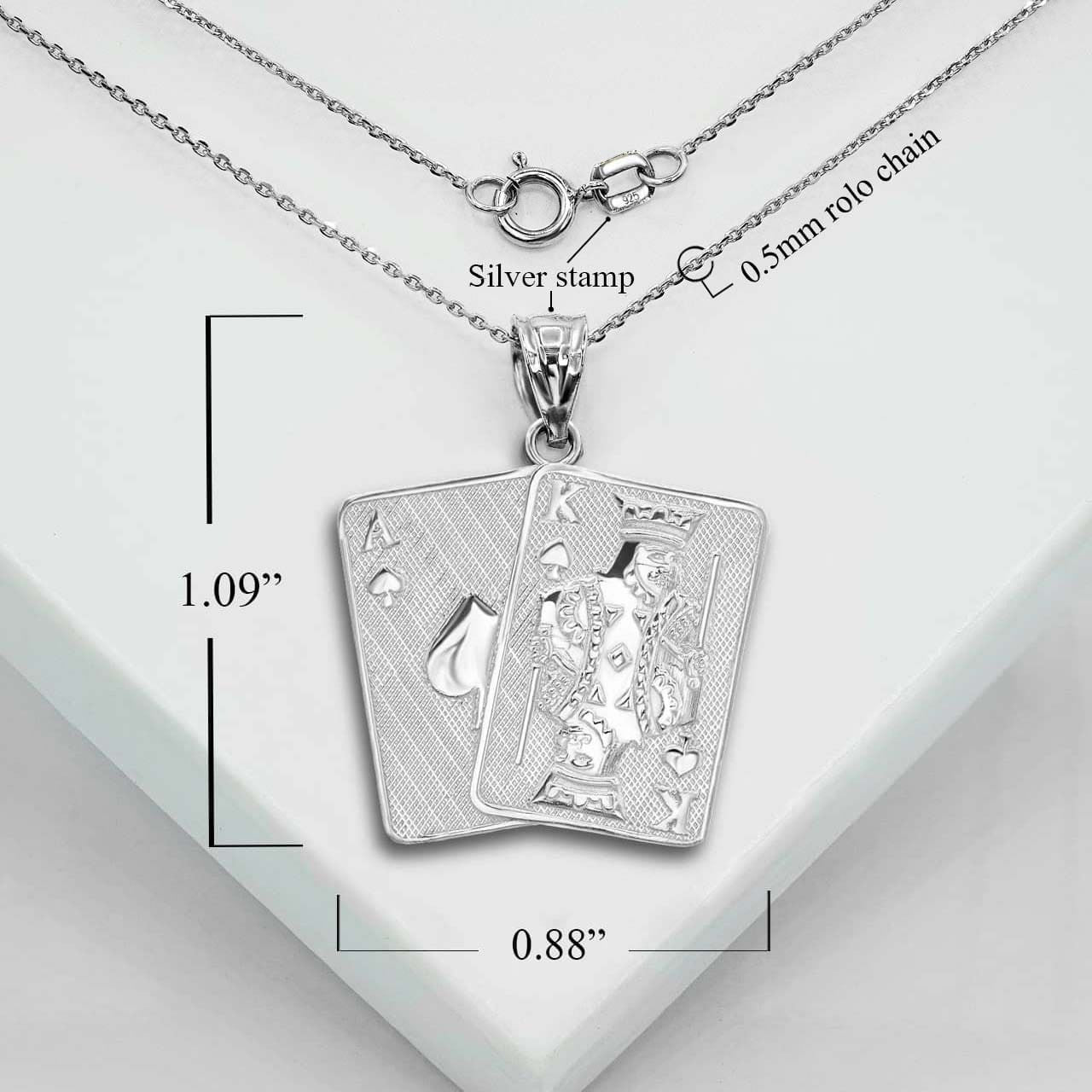 Silver Hammered Ace and King of Spades Blackjack Poker Playing Cards Pendant Necklace