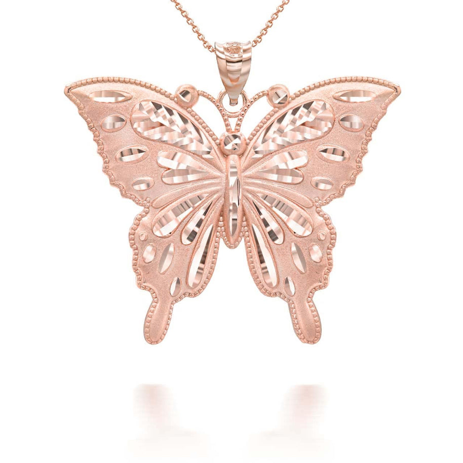 Gold Diamond Cut Butterfly Symbol of Change Pendant Necklace MD/LG (Available in Yellow/Rose/White Gold)