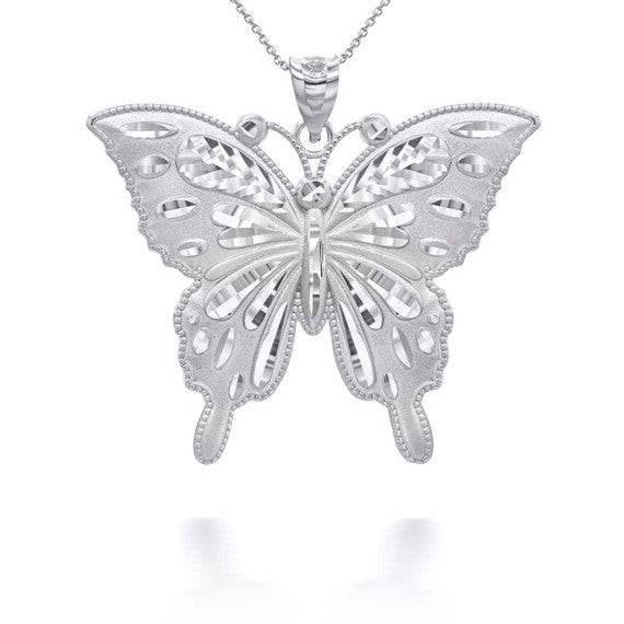 Silver Diamond Cut Butterfly Symbol of Change Pendant Necklace MD/LG