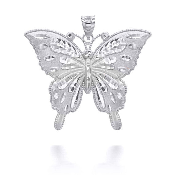 Silver Diamond Cut Butterfly Symbol of Change Pendant Necklace MD/LG