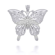 Silver Diamond Cut Butterfly Symbol of Change Pendant Necklace MD/LG