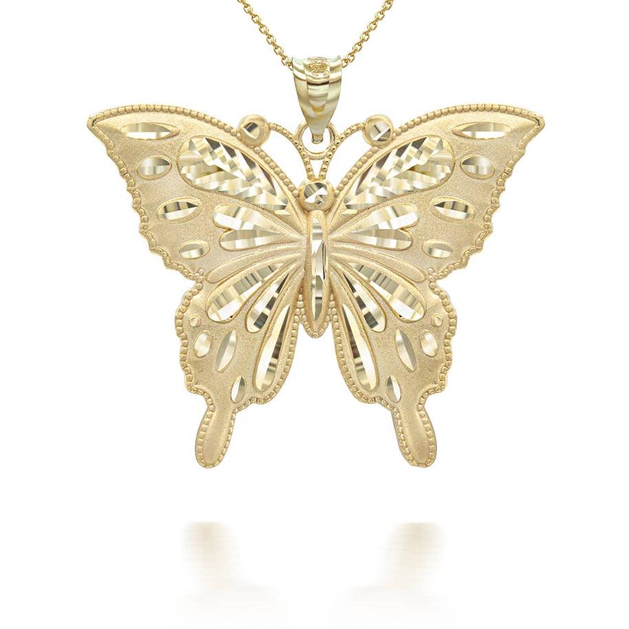 Gold Diamond Cut Butterfly Symbol of Change Pendant Necklace MD/LG (Available in Yellow/Rose/White Gold)