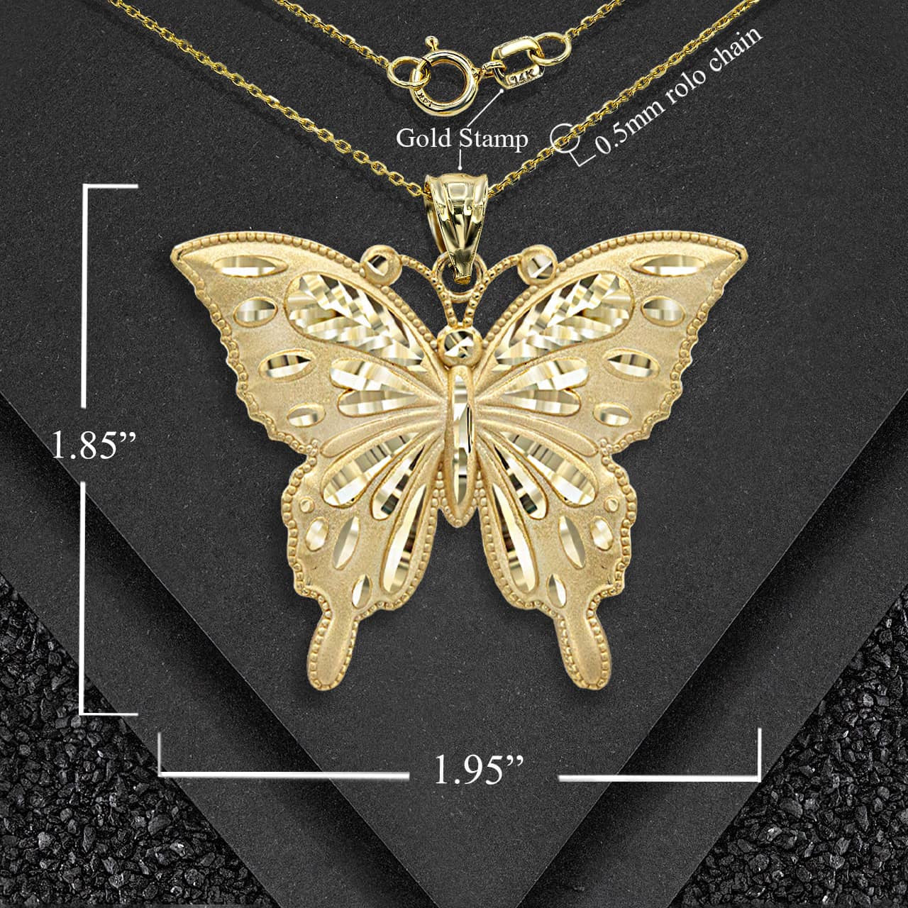 Gold Diamond Cut Butterfly Symbol of Change Pendant Necklace MD/LG (Available in Yellow/Rose/White Gold)