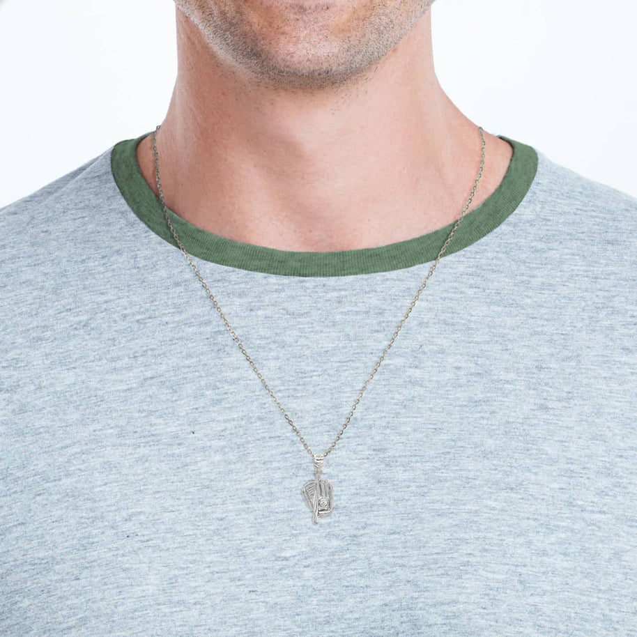 Silver 3D Baseball Bat and Gloves Sports Pendant Necklace