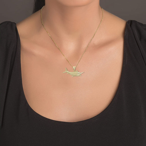 Gold Marlin Fish Pendant Necklace (Available in Yellow/Rose/White Gold)