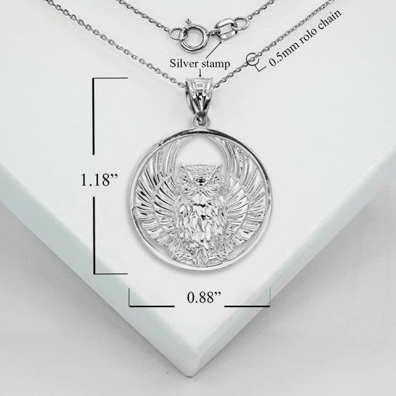 .925 Sterling Silver Owl Medallion Pendant Necklace