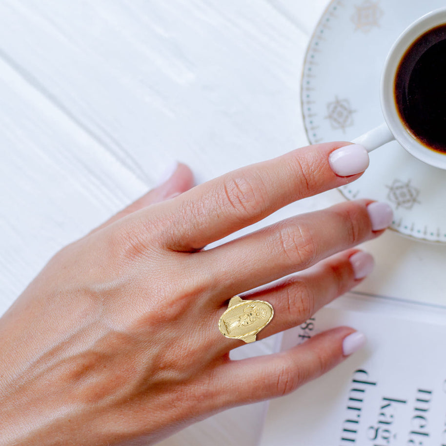 Gold Hammered Santa Muerte Patron Saint of Death and Protection Oval Ring (Available in Yellow/Rose/White Gold)